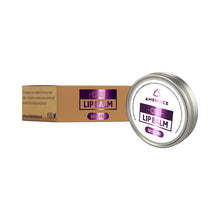 Load image into Gallery viewer, A round tin of Ambience CBD Infused 50mg CBD Lip Balm 15g (Buy 1 Get 2 Free) is placed next to its rectangular cardboard packaging. The tin features a white label with purple and black text reading "Ambience CBD." Both the packaging and tin, enriched with natural hemp extract, indicate a 50 mg CBD content for moisturizing lip care.