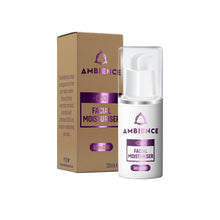 Load image into Gallery viewer, The image shows a 30ml bottle of Ambience CBD Infused Facial Moisturiser with 50mg of CBD, available in a Buy 1 Get 2 Free offer. The bottle, featuring a white lid and pump, highlights premium cannabidiol care. The beige box displays text and shares the same purple logo and branding found on the moisturiser bottle from Ambience CBD.