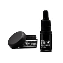 Load image into Gallery viewer, A small black jar labeled "NKD Beard Balm" with its lid open sits next to a sleek, black dropper bottle labeled "NKD 150mg CBD Beard Oil OUD." The minimalist design of both CBD-infused containers is complemented by a cannabis leaf icon on the oil bottle.