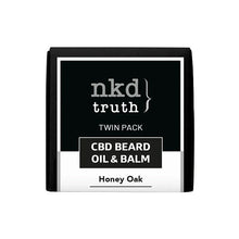 Load image into Gallery viewer, A black rectangular box with a white label, featuring the text "nkd truth TWIN PACK CBD BEARD OIL & BALM Honey Oak" in black and white. The minimalist design is modern and clean, making it an ideal gift set for beard care enthusiasts who appreciate CBD-infused products. The set includes NKD 150mg CBD Twin Pack Honey Oak Beard Oil and Balm from the brand NKD.