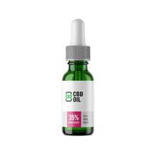 Load image into Gallery viewer, A green bottle with a gray dropper cap, labeled "CBD Asylum 35% 3500mg CBD Oil" and "Mixed Berry" in pink text. The label also mentions "Full Spectrum Terpenes" and indicates the product is meant "To be taken orally". The bottle features a minimalist design with small icons and text on the white label.