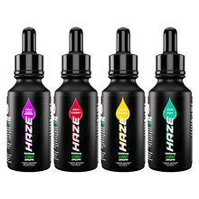 Load image into Gallery viewer, Four black bottles of Haze 6000mg CBD Drops - 30ml are displayed in a row against a white background. Each bottle contains high strength CBD oil and features different label colors and flavors: grape (purple), cherry (red), citrus (yellow), and mint (green). These potent bottles from the Haze brand contain pure CBD isolate.