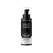 Load image into Gallery viewer, A sleek black and white bottle of NKD 50mg CBD Face Lotion - 100ml, labeled "Luxury Honey Oak." The bottle features a pump dispenser and contains 100ml of product with 50mg of CBD infused. This luxurious CBD face moisturizer boasts natural ingredients for optimal skin hydration and prominently displays the NKD branding logo on the front.