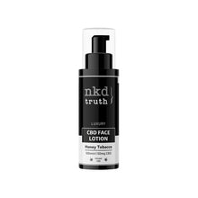 Load image into Gallery viewer, A black and white pump bottle labeled "NKD" containing NKD 50mg CBD Face Lotion with the Honey Tobacco scent. The label specifies "Luxury" and "100ml | 50mg CBD." Designed for skincare use, it offers skin hydration through natural ingredients.