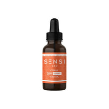 Load image into Gallery viewer, A dark amber bottle with a black dropper cap, featuring the "Sensi CBD" label in white text on an orange background with a honeycomb pattern. The label reads "Citrus CBD Tincture," indicating it contains 30ml of 500mg broad-spectrum CBD oil derived from organically cultivated hemp.