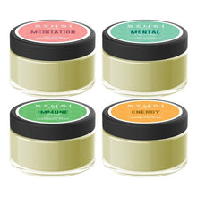 Load image into Gallery viewer, An image showcasing four jars of Sensi brand herbal products, each bearing a different label: "Meditation," "Mental," "Immune," and "Energy." These natural, vegan-friendly jars feature black lids and colored labels. Imagine pairing them with Sensi CBD 100mg CBD Massage Wax for the ultimate holistic experience.