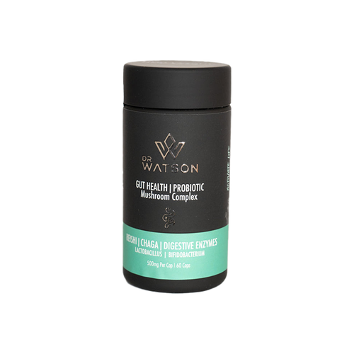 A black container of Dr Watson Gut Health & Probiotic Mushroom Capsules - 60 Caps, featuring a green label at the bottom listing natural ingredients such as Reishi, Chaga, Digestive Enzymes, Lactobacillus, and Bifidobacterium. The container holds 60 capsules designed to support gut health and hormone balance.