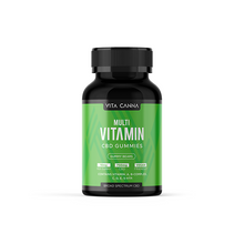 Load image into Gallery viewer, A black bottle labeled &quot;Vitacanna Broad Spectrum 750mg CBD Vegan Gummy Bears&quot; features a green label and highlights 10mg CBD per serving, broad spectrum formula, key vitamins, gummy bears, and vegan-friendly ingredients. Brand: Vitacanna.

