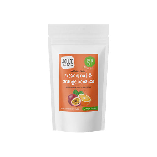A white, resealable pouch from Joul'e displays a label adorned with images of passionfruit and orange slices. The label reads: 