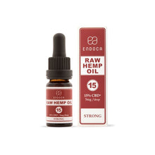 Load image into Gallery viewer, A small brown bottle with a black dropper cap, labeled &quot;Endoca 1500mg CBD+CBDa RAW Hemp Oil Drops 10ml&quot; and featuring a &quot;15&quot; symbol to indicate 15% CBD; each drop contains 5mg, marked as &quot;Strong.&quot; The full-spectrum formula bottle is displayed in front of a matching white box that showcases the same branding and information.
