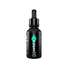 Load image into Gallery viewer, A black dropper bottle from the brand Haze features a green droplet icon and &quot;HAZE&quot; written vertically on the label. The bottle is labeled &quot;30ml MINT&quot; and &quot;6000mg CBD Drops,&quot; showcasing its volume and high concentration of CBD oils. The background is plain white.

