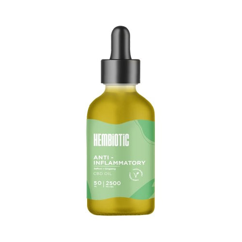 A 50ml green glass bottle of Hembiotic 2500mg Bulk CBD Oil with a dropper lid. The label reads 