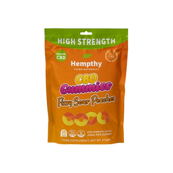 Hempthy 1000mg CBD Fizzy Sour Peach Rings Gummies - 50 Pieces - Associated CBD