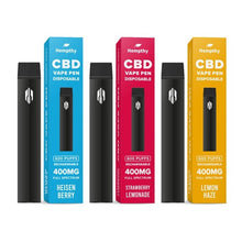 Load image into Gallery viewer, The image depicts three Hempthy 400mg CBD Disposable Vape Pens with their respective packaging. The packaging colors are blue, red, and yellow, labeled &quot;Heisen Berry,&quot; &quot;Strawberry Lemonade,&quot; and &quot;Lemon Haze.&quot; Each beginner-friendly pen offers 600 puffs, contains 400mg of CBD, and is rechargeable and disposable.
