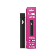 Load image into Gallery viewer, Image of a black Hempthy 400mg CBD Disposable Vape Pen 600 Puffs standing next to its packaging. The box is magenta and white, featuring the brand name &quot;Hempthy&quot; and product details: &quot;CBD Vape Pen Disposable, Rechargeable, Full Spectrum, Mixed Berries.
