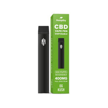 Load image into Gallery viewer, Image of a Hempthy 400mg CBD Disposable Vape Pen 600 Puffs next to its green packaging. The packaging text reads &quot;Hempthy CBD Vape Pen Disposable, 600 Puffs, Rechargeable, 400MG Full Spectrum, OG Kush.&quot; The sleek black vape pen features a white logo on it.

