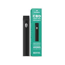 Load image into Gallery viewer, A Hempthy 400mg CBD Disposable Vape Pen is next to its packaging. The green box features white and yellow text that reads &quot;CBD Vape Pen Disposable,&quot; &quot;600 Puffs,&quot; &quot;Rechargeable,&quot; &quot;400mg Full Spectrum,&quot; and &quot;Menthol.&quot; The company&#39;s logo, Hempthy, and a graphic of the vape pen are also on the box.
